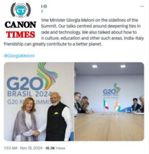 G20 Summit: PM Modi Meets Italian PM Giorgia Meloni.